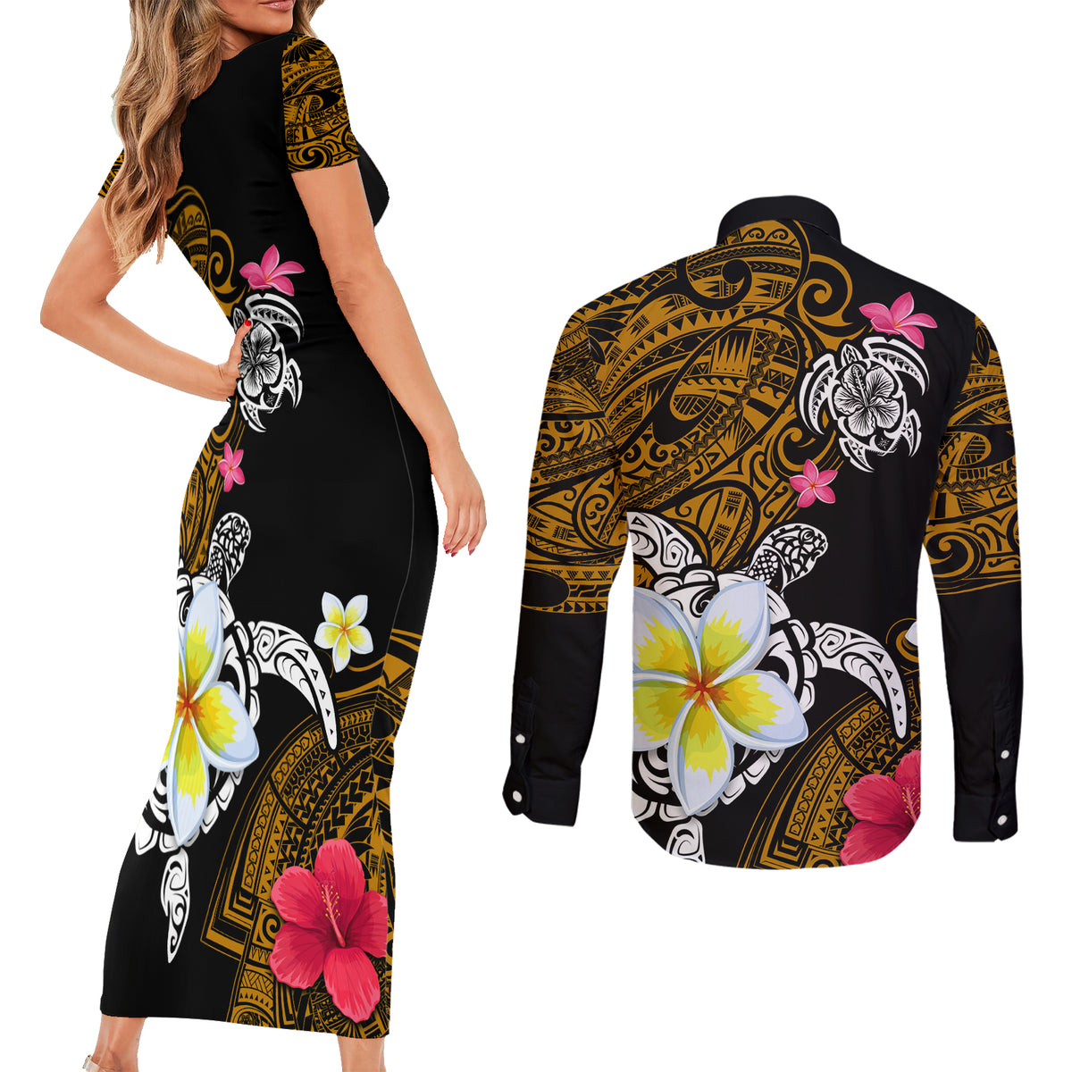 Hawaii Turtle and Tropical Flower Couples Matching Short Sleeve Bodycon Dress and Long Sleeve Button Shirt Polynesian Pattern