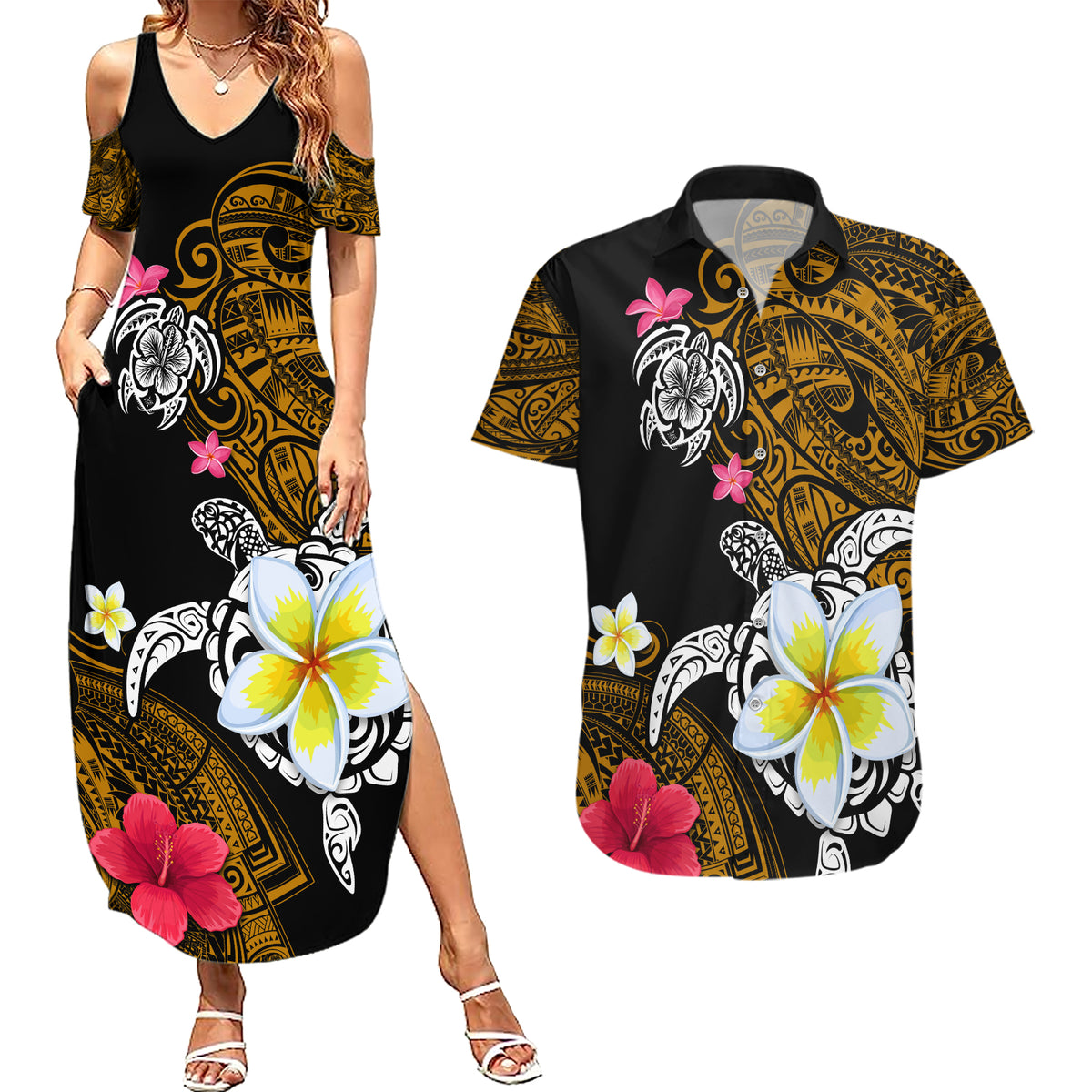 Hawaii Turtle and Tropical Flower Couples Matching Summer Maxi Dress and Hawaiian Shirt Polynesian Pattern