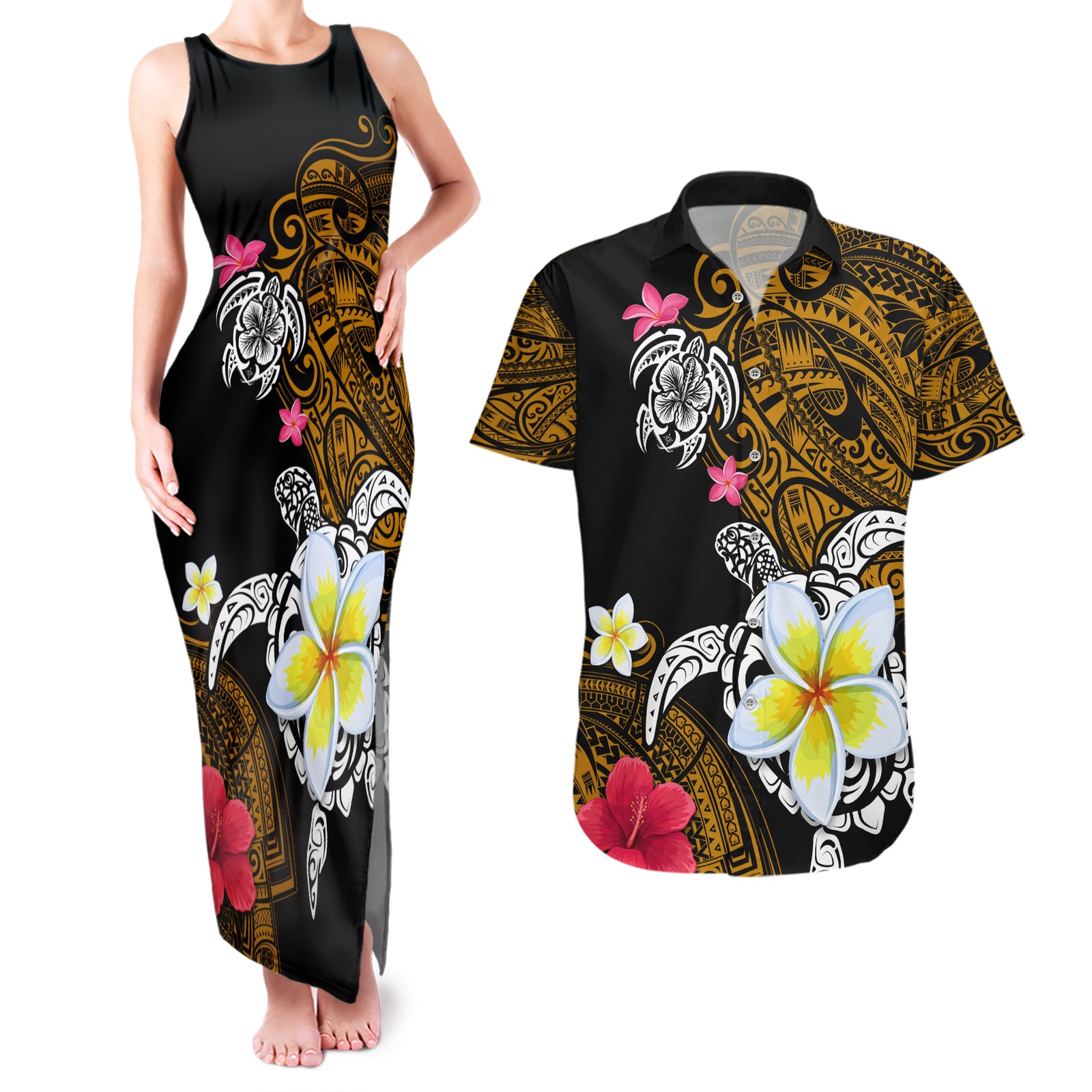 Hawaii Turtle and Tropical Flower Couples Matching Tank Maxi Dress and Hawaiian Shirt Polynesian Pattern