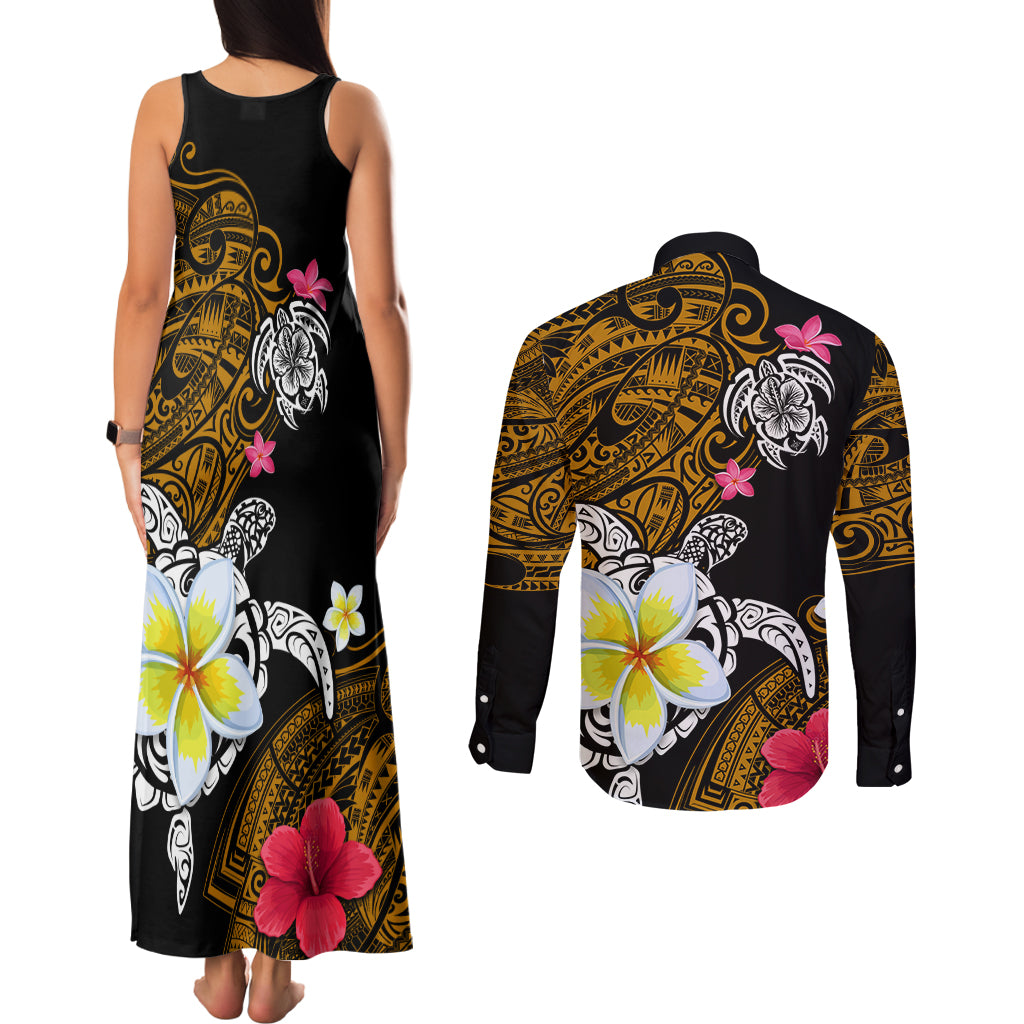 Hawaii Turtle and Tropical Flower Couples Matching Tank Maxi Dress and Long Sleeve Button Shirt Polynesian Pattern
