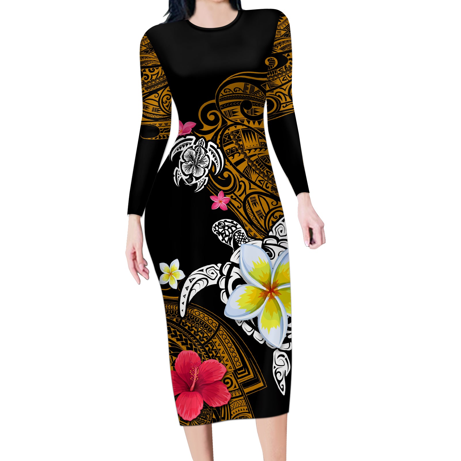 Hawaii Turtle and Tropical Flower Long Sleeve Bodycon Dress Polynesian Pattern