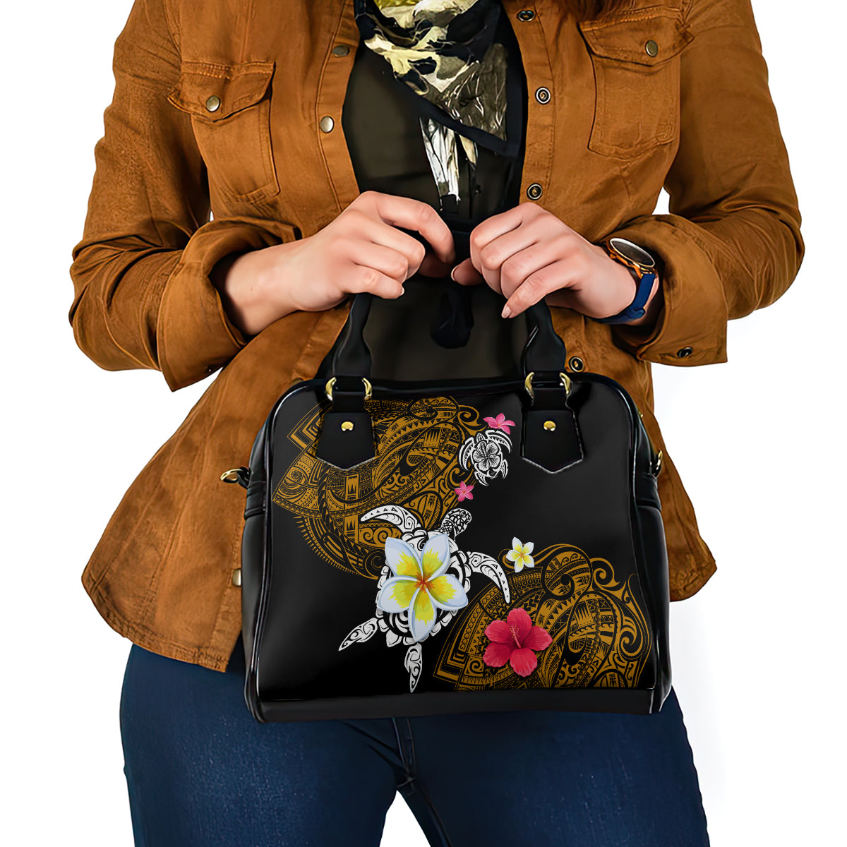 Hawaii Turtle and Tropical Flower Shoulder Handbag Polynesian Pattern