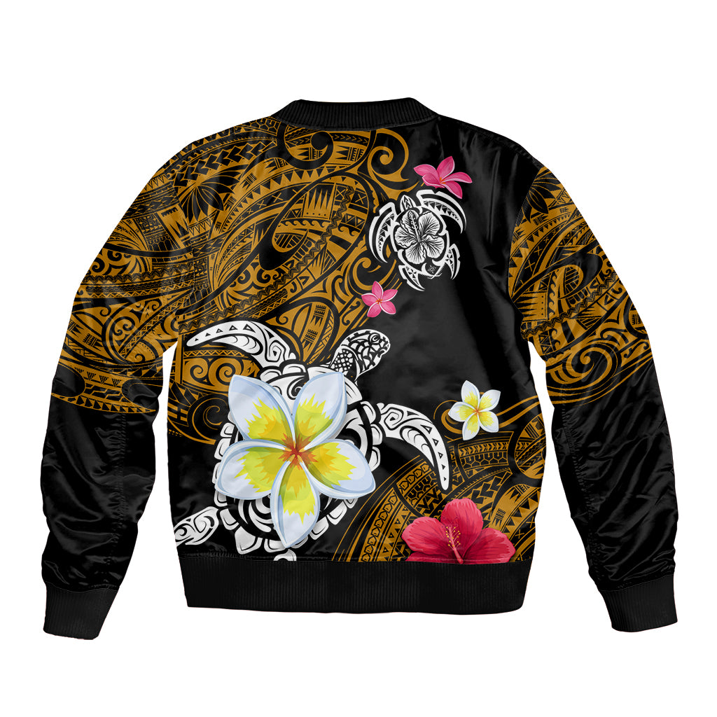 Hawaii Turtle and Tropical Flower Sleeve Zip Bomber Jacket Polynesian Pattern