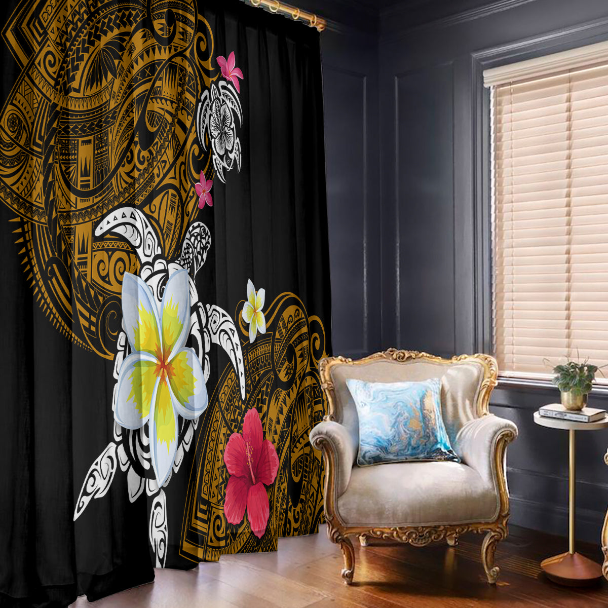 Hawaii Turtle and Tropical Flower Window Curtain Polynesian Pattern