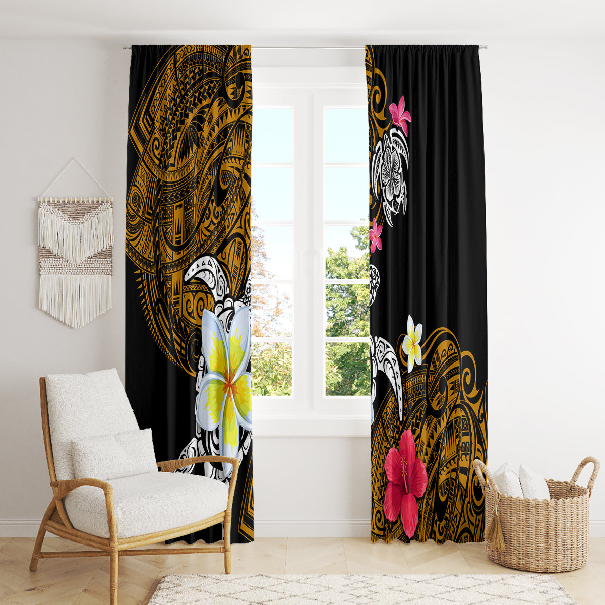 Hawaii Turtle and Tropical Flower Window Curtain Polynesian Pattern