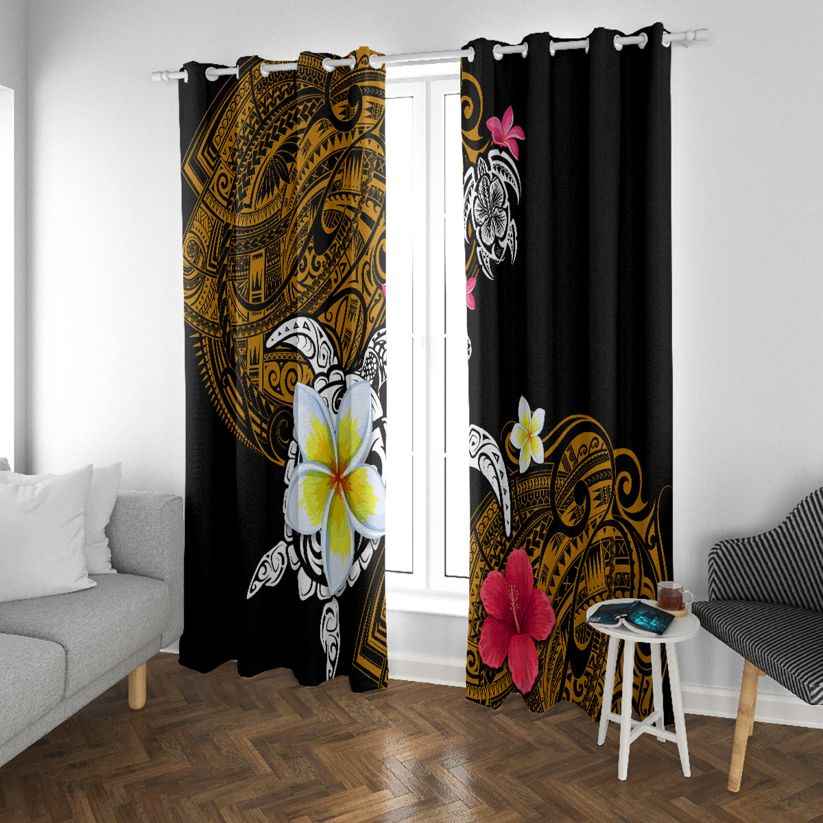 Hawaii Turtle and Tropical Flower Window Curtain Polynesian Pattern