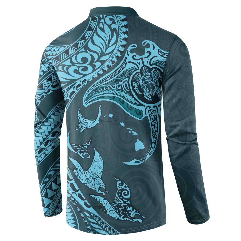 Hawaiian Manta Ray and Polynesian Tribal Tattoo Button Sweatshirt Turquoise Color LT03