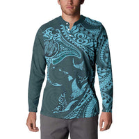 Hawaiian Manta Ray and Polynesian Tribal Tattoo Button Sweatshirt Turquoise Color LT03