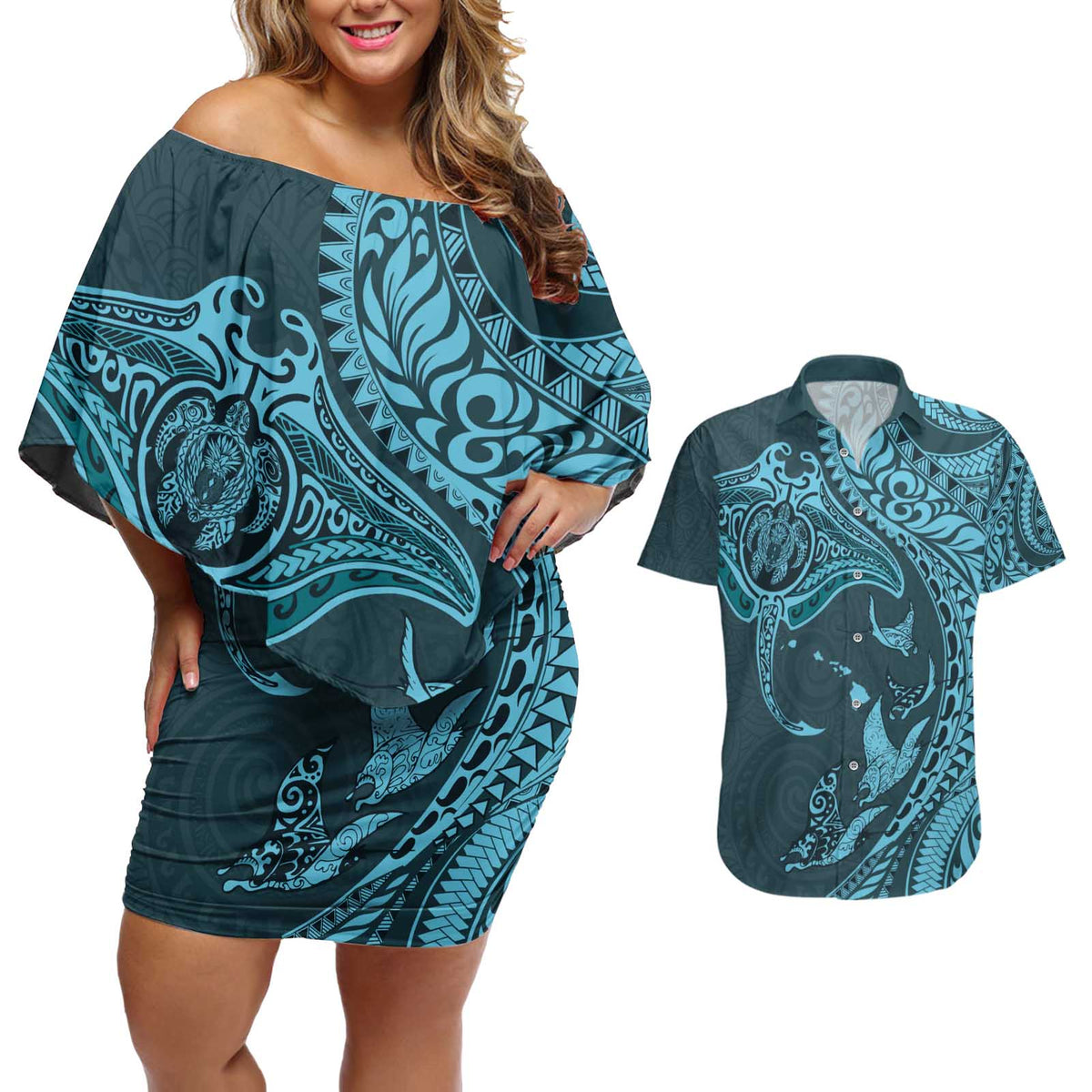 Hawaiian Manta Ray and Polynesian Tribal Tattoo Couples Matching Off Shoulder Short Dress and Hawaiian Shirt Turquoise Color LT03