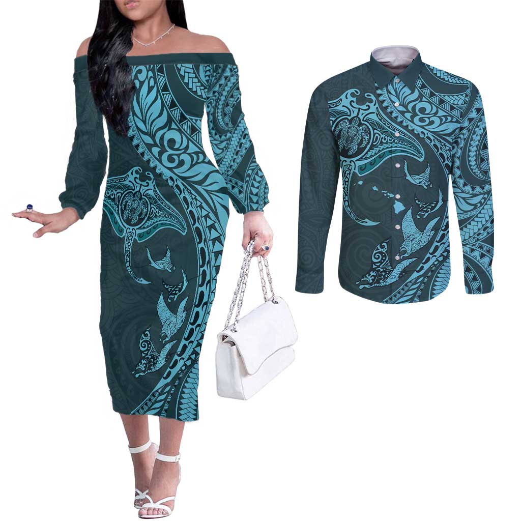 Hawaiian Manta Ray and Polynesian Tribal Tattoo Couples Matching Off The Shoulder Long Sleeve Dress and Long Sleeve Button Shirt Turquoise Color LT03