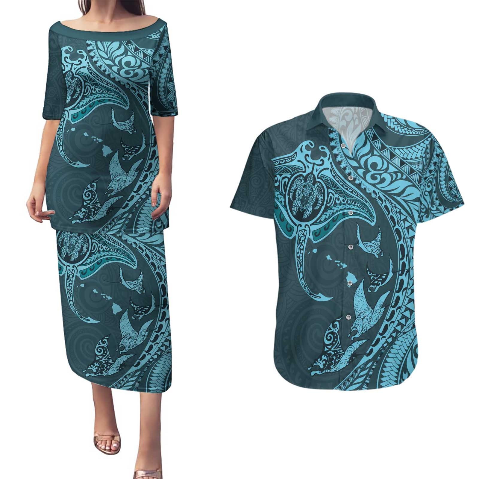 Hawaiian Manta Ray and Polynesian Tribal Tattoo Couples Matching Puletasi and Hawaiian Shirt Turquoise Color LT03