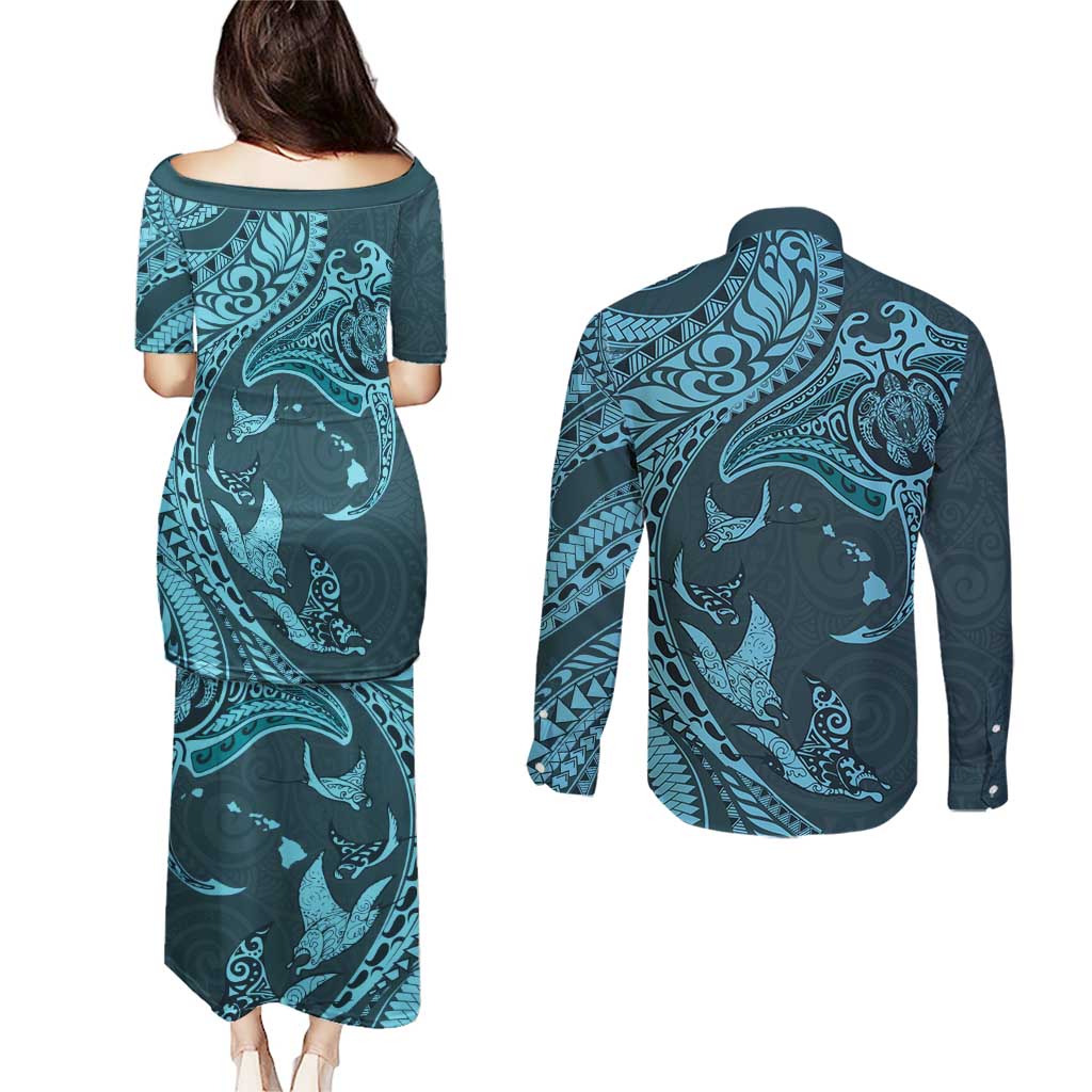 Hawaiian Manta Ray and Polynesian Tribal Tattoo Couples Matching Puletasi and Long Sleeve Button Shirt Turquoise Color LT03