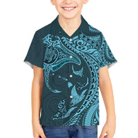 Hawaiian Manta Ray and Polynesian Tribal Tattoo Family Matching Long Sleeve Bodycon Dress and Hawaiian Shirt Turquoise Color LT03