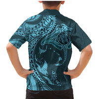 Hawaiian Manta Ray and Polynesian Tribal Tattoo Family Matching Mermaid Dress and Hawaiian Shirt Turquoise Color LT03