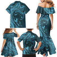 Hawaiian Manta Ray and Polynesian Tribal Tattoo Family Matching Mermaid Dress and Hawaiian Shirt Turquoise Color LT03