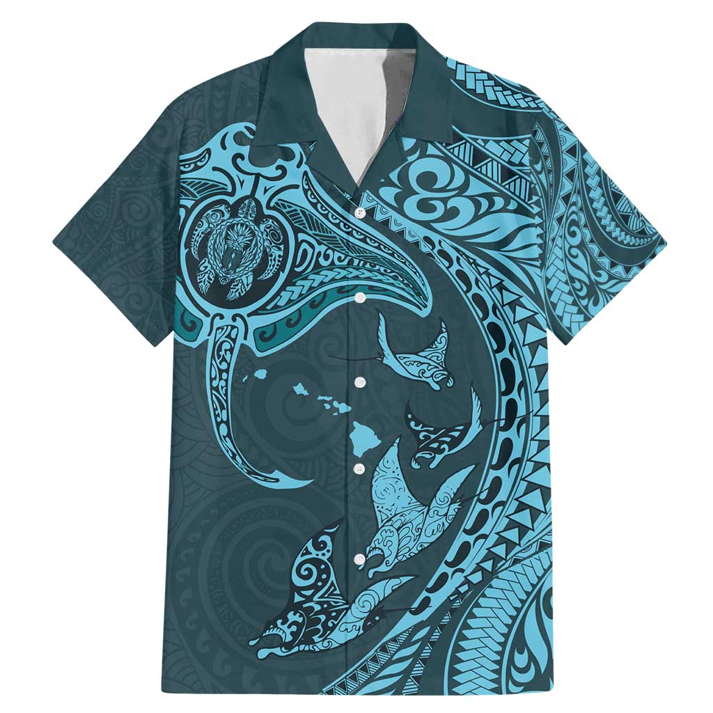 Hawaiian Manta Ray and Polynesian Tribal Tattoo Family Matching Mermaid Dress and Hawaiian Shirt Turquoise Color LT03