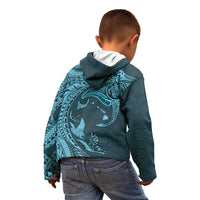 Hawaiian Manta Ray and Polynesian Tribal Tattoo Kid Hoodie Turquoise Color LT03