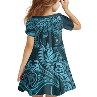 Hawaiian Manta Ray and Polynesian Tribal Tattoo Kid Short Sleeve Dress Turquoise Color LT03