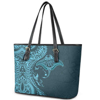 Hawaiian Manta Ray and Polynesian Tribal Tattoo Leather Tote Bag Turquoise Color LT03