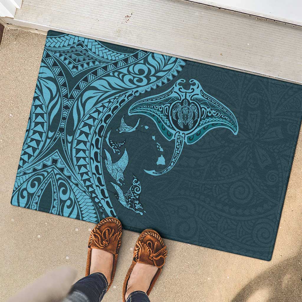 Hawaiian Manta Ray and Polynesian Tribal Tattoo Rubber Doormat Turquoise Color LT03