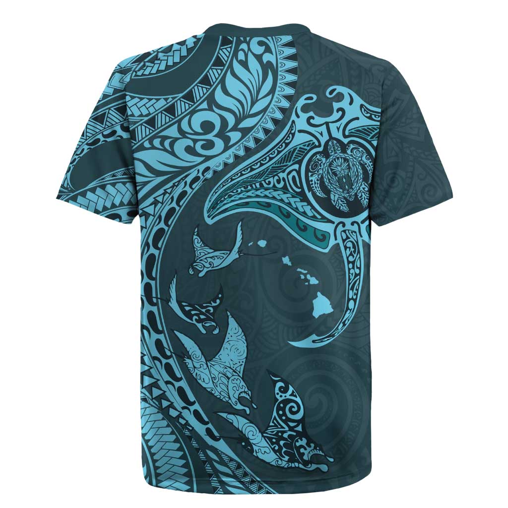 Hawaiian Manta Ray and Polynesian Tribal Tattoo Rugby Jersey Turquoise Color LT03
