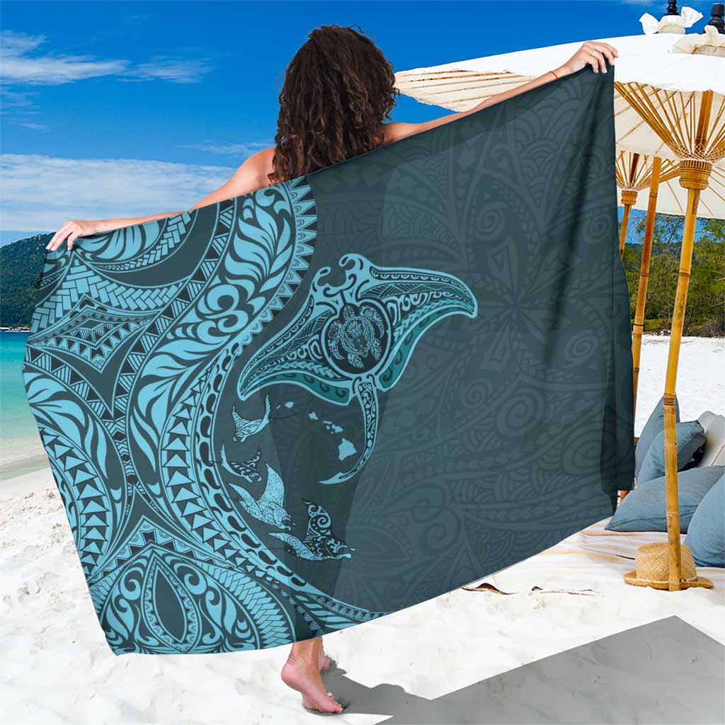 Hawaiian Manta Ray and Polynesian Tribal Tattoo Sarong Turquoise Color LT03