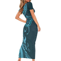 Hawaiian Manta Ray and Polynesian Tribal Tattoo Short Sleeve Bodycon Dress Turquoise Color LT03