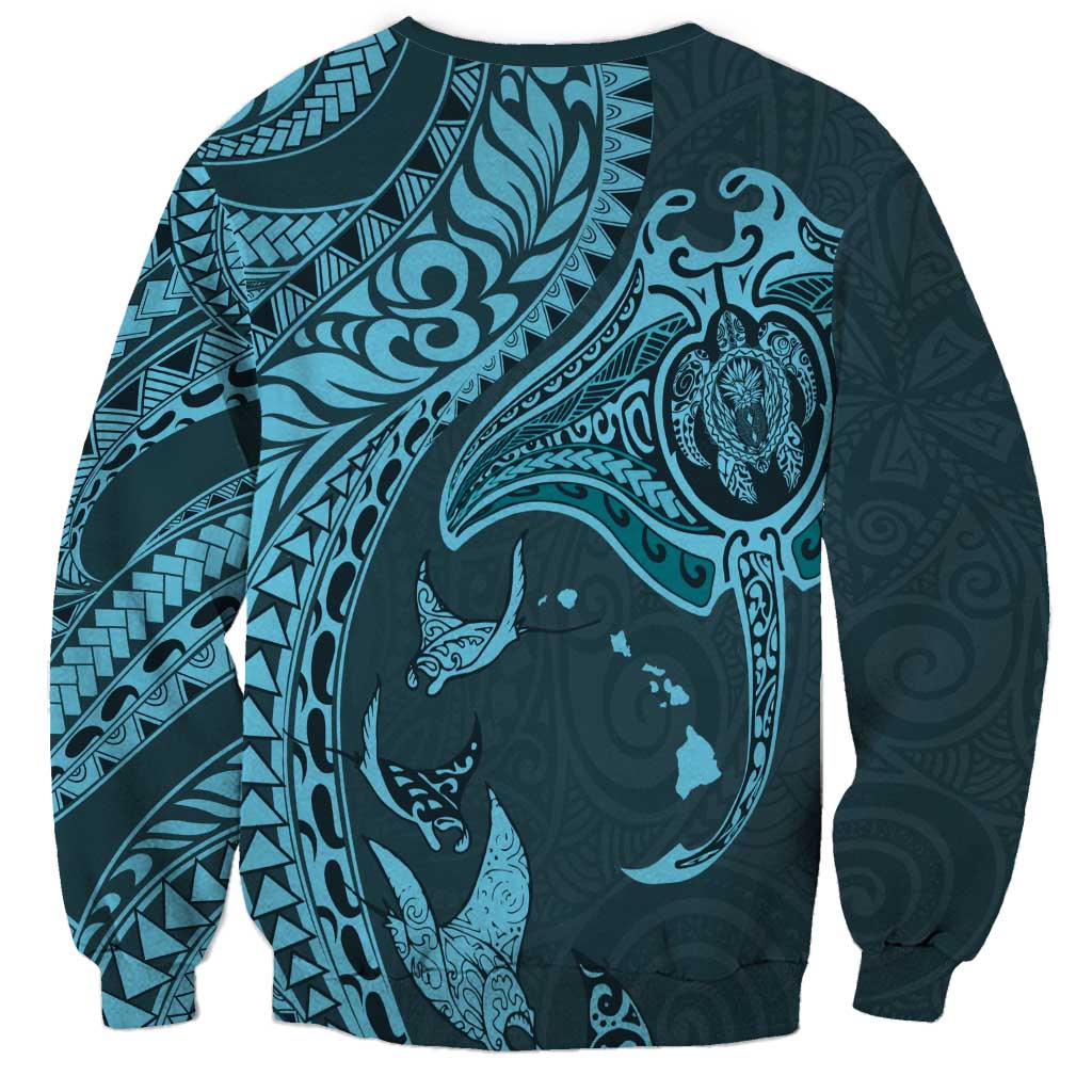 Hawaiian Manta Ray and Polynesian Tribal Tattoo Sweatshirt Turquoise Color LT03