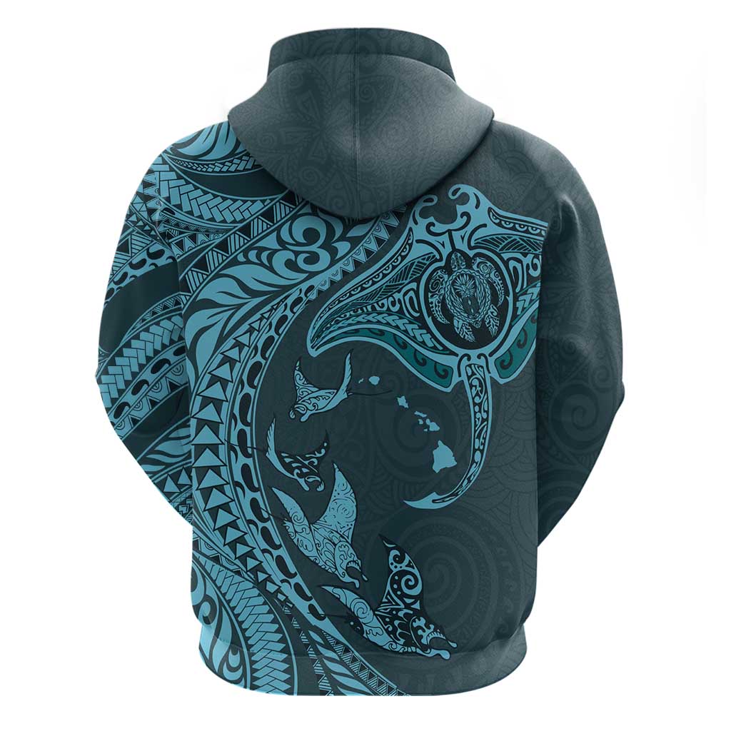 Hawaiian Manta Ray and Polynesian Tribal Tattoo Zip Hoodie Turquoise Color LT03