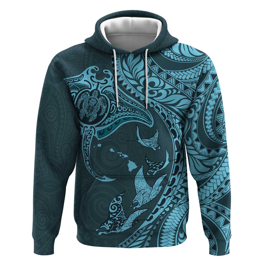 Hawaiian Manta Ray and Polynesian Tribal Tattoo Zip Hoodie Turquoise Color LT03