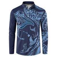 Hawaiian Manta Ray and Polynesian Tribal Tattoo Button Sweatshirt Dark Navy Color LT03