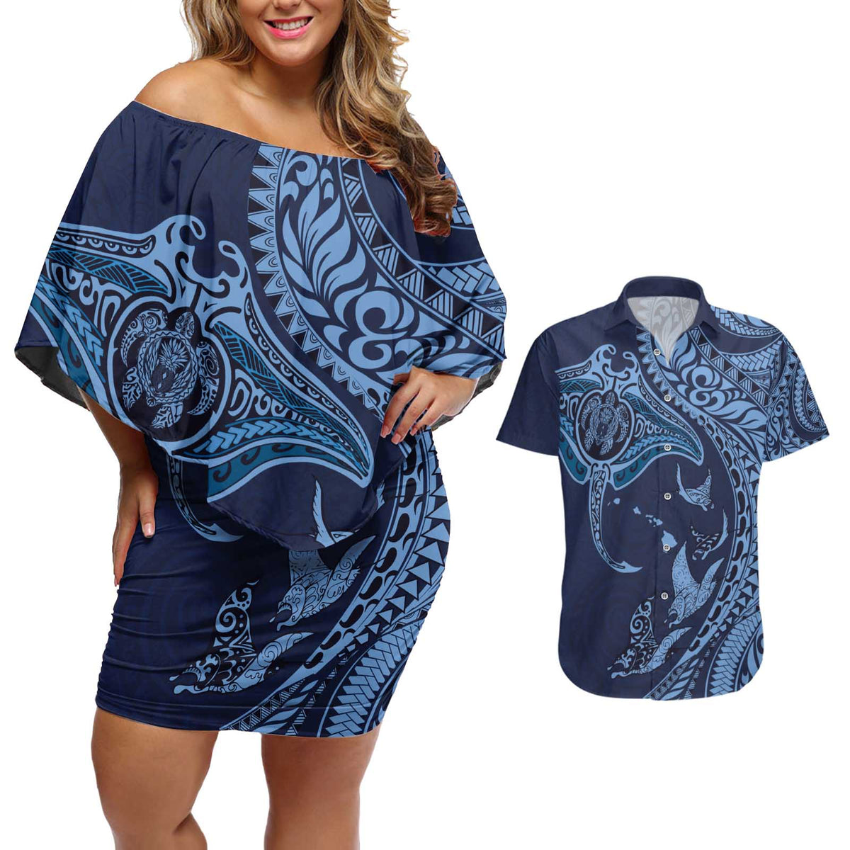 Hawaiian Manta Ray and Polynesian Tribal Tattoo Couples Matching Off Shoulder Short Dress and Hawaiian Shirt Dark Navy Color LT03