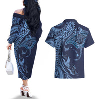 Hawaiian Manta Ray and Polynesian Tribal Tattoo Couples Matching Off The Shoulder Long Sleeve Dress and Hawaiian Shirt Dark Navy Color LT03