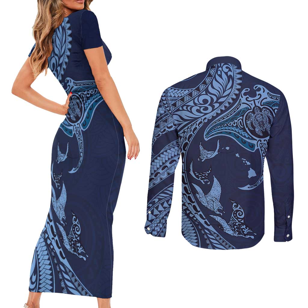 Hawaiian Manta Ray and Polynesian Tribal Tattoo Couples Matching Short Sleeve Bodycon Dress and Long Sleeve Button Shirt Dark Navy Color LT03