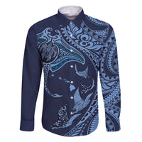 Hawaiian Manta Ray and Polynesian Tribal Tattoo Family Matching Long Sleeve Bodycon Dress and Hawaiian Shirt Dark Navy Color LT03