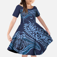 Hawaiian Manta Ray and Polynesian Tribal Tattoo Family Matching Mermaid Dress and Hawaiian Shirt Dark Navy Color LT03