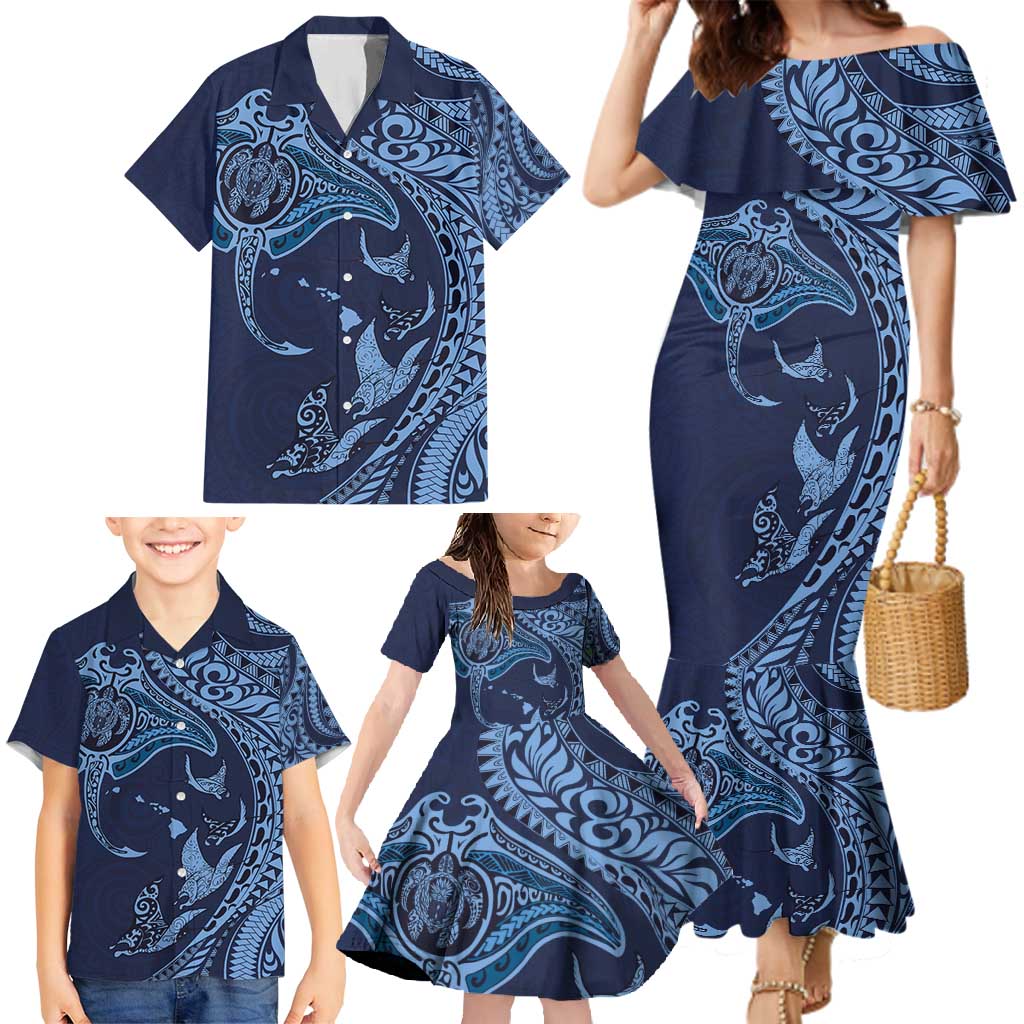 Hawaiian Manta Ray and Polynesian Tribal Tattoo Family Matching Mermaid Dress and Hawaiian Shirt Dark Navy Color LT03