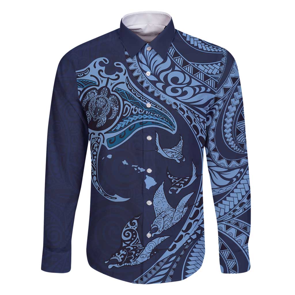 Hawaiian Manta Ray and Polynesian Tribal Tattoo Family Matching Mermaid Dress and Hawaiian Shirt Dark Navy Color LT03