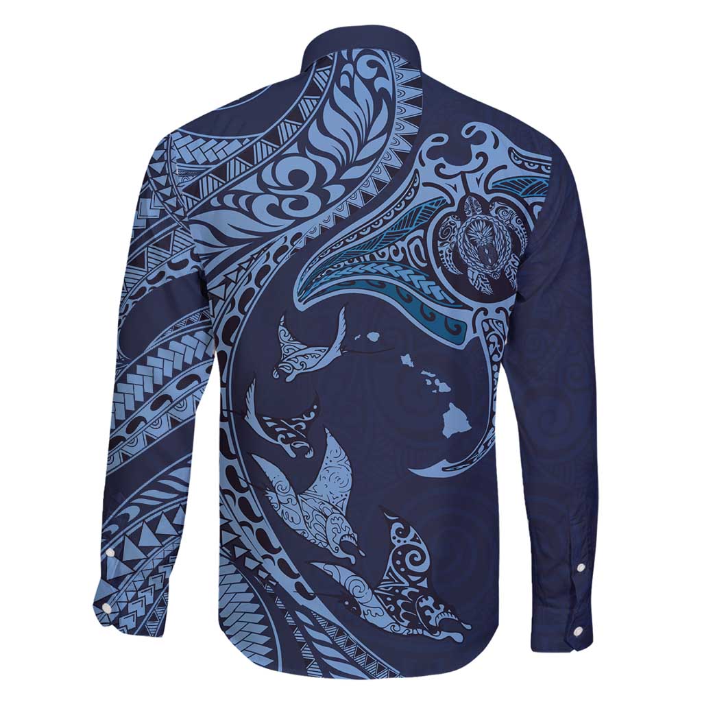 Hawaiian Manta Ray and Polynesian Tribal Tattoo Family Matching Mermaid Dress and Hawaiian Shirt Dark Navy Color LT03