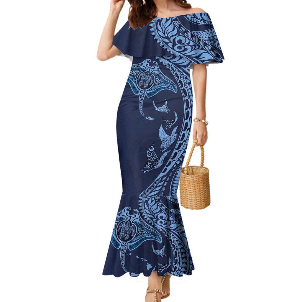 Hawaiian Manta Ray and Polynesian Tribal Tattoo Family Matching Mermaid Dress and Hawaiian Shirt Dark Navy Color LT03