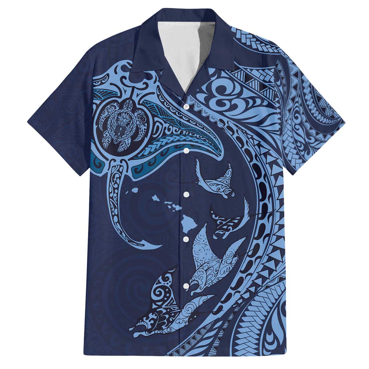 Hawaiian Manta Ray and Polynesian Tribal Tattoo Family Matching Off Shoulder Short Dress and Hawaiian Shirt Dark Navy Color LT03