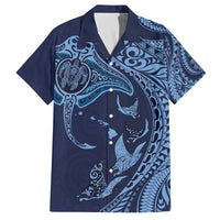 Hawaiian Manta Ray and Polynesian Tribal Tattoo Family Matching Puletasi and Hawaiian Shirt Dark Navy Color LT03
