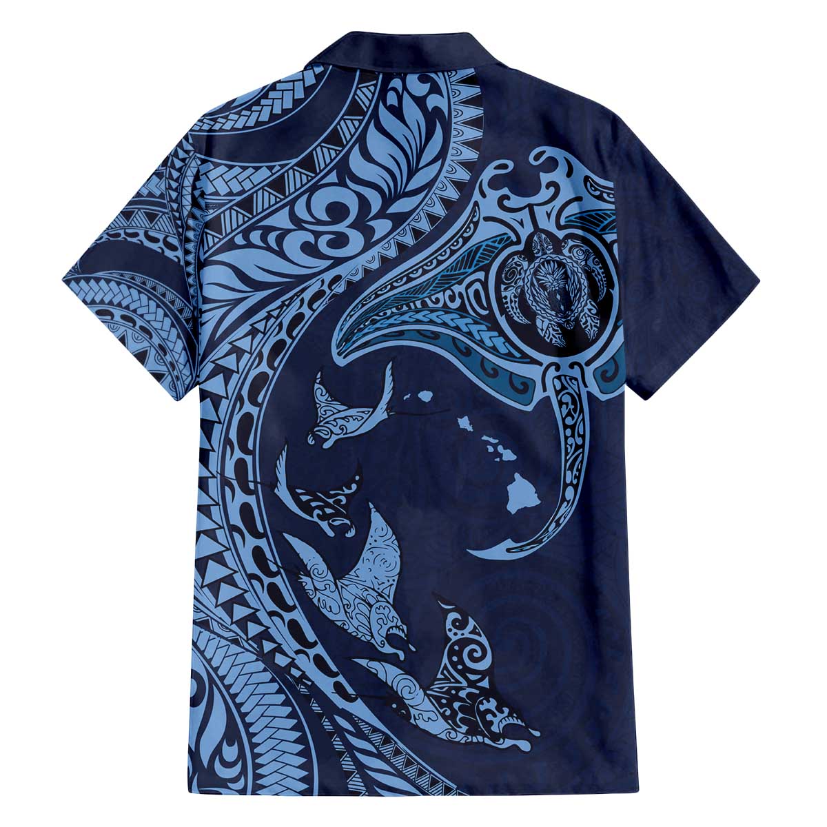 Hawaiian Manta Ray and Polynesian Tribal Tattoo Family Matching Puletasi and Hawaiian Shirt Dark Navy Color LT03