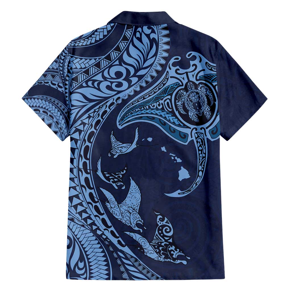 Hawaiian Manta Ray and Polynesian Tribal Tattoo Family Matching Summer Maxi Dress and Hawaiian Shirt Dark Navy Color LT03