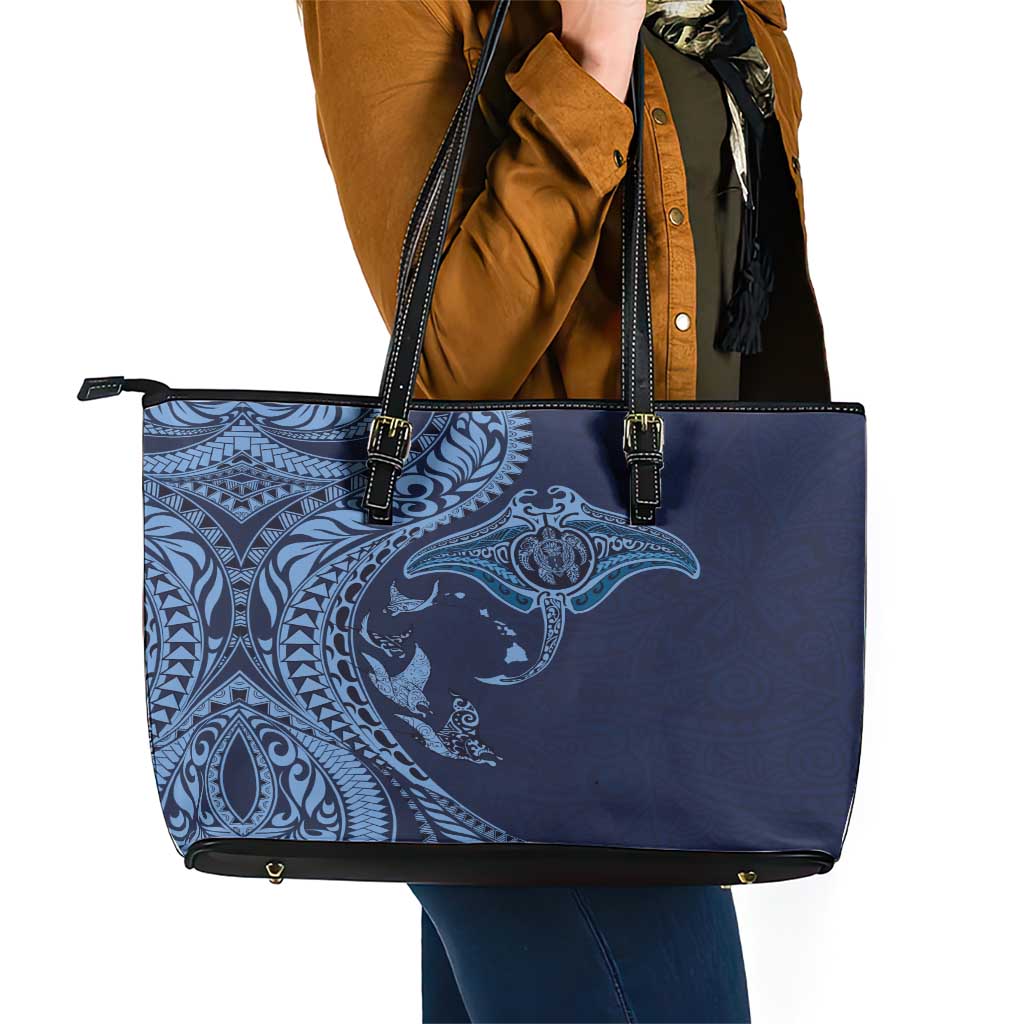 Hawaiian Manta Ray and Polynesian Tribal Tattoo Leather Tote Bag Dark Navy Color LT03