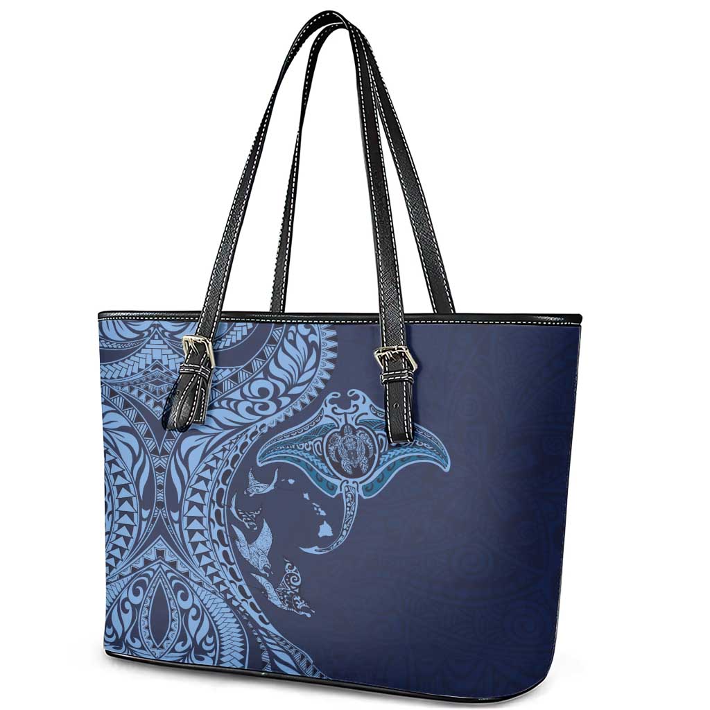 Hawaiian Manta Ray and Polynesian Tribal Tattoo Leather Tote Bag Dark Navy Color LT03