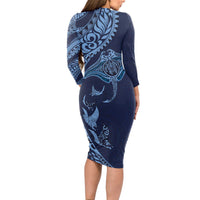 Hawaiian Manta Ray and Polynesian Tribal Tattoo Long Sleeve Bodycon Dress Dark Navy Color LT03