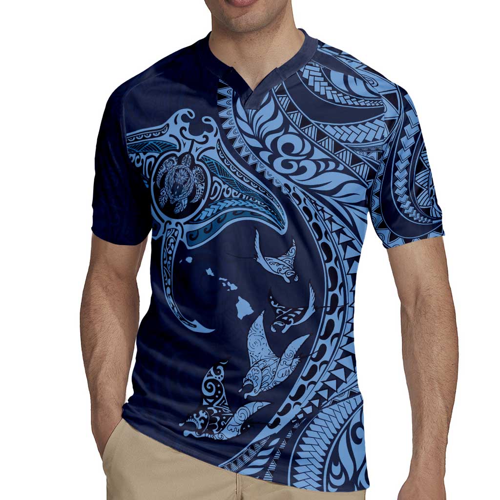 Hawaiian Manta Ray and Polynesian Tribal Tattoo Rugby Jersey Dark Navy Color LT03