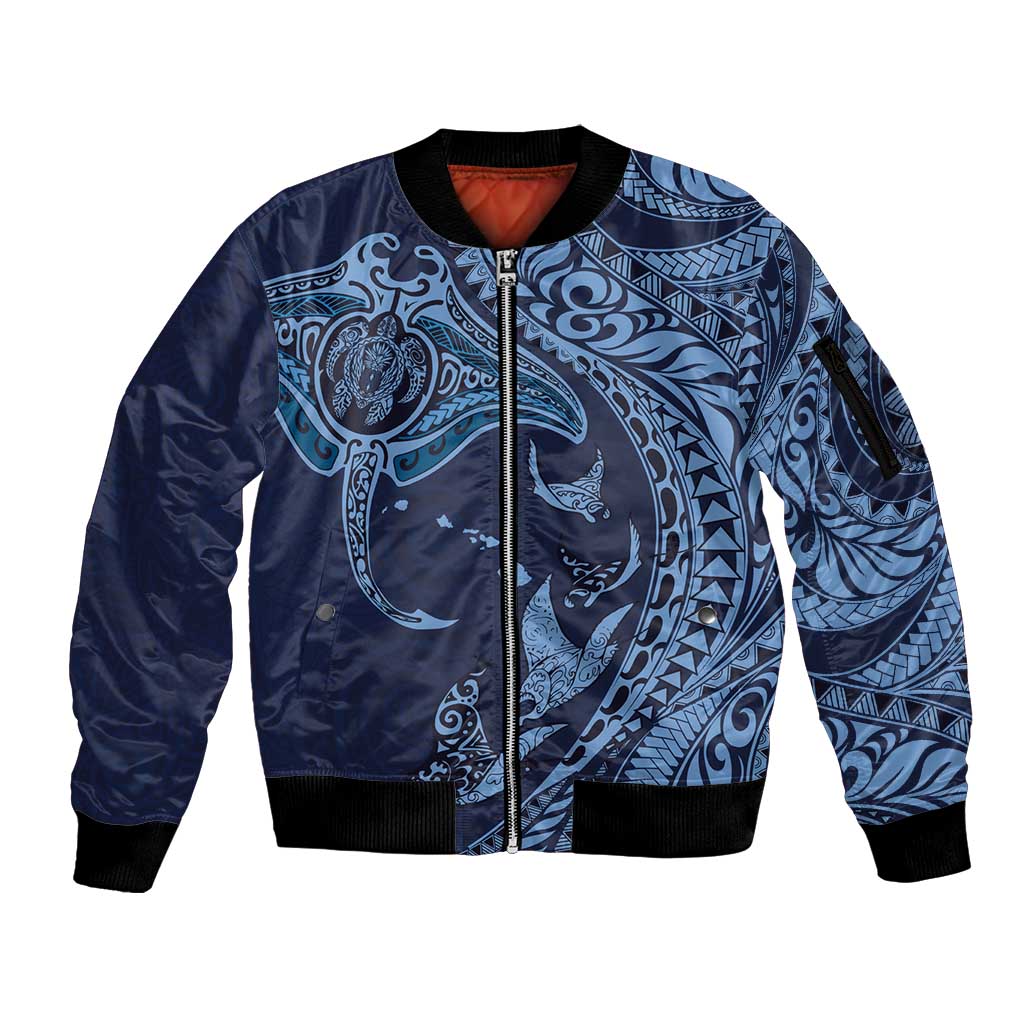 Hawaiian Manta Ray and Polynesian Tribal Tattoo Sleeve Zip Bomber Jacket Dark Navy Color LT03