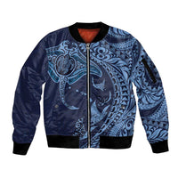 Hawaiian Manta Ray and Polynesian Tribal Tattoo Sleeve Zip Bomber Jacket Dark Navy Color LT03